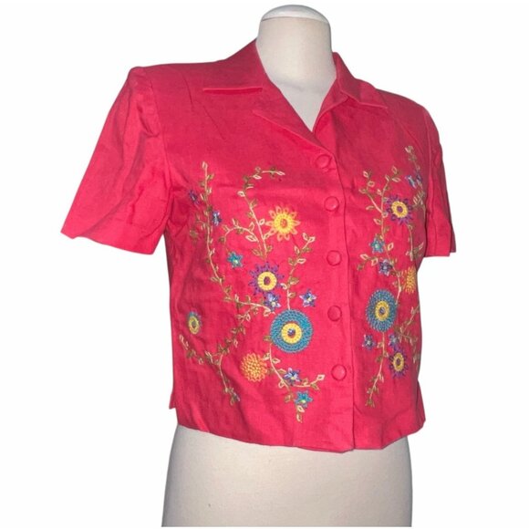 John Roberts Petite Pink Linen Button-Up Blazer Blouse Sz 6 Petite Floral Embroi - Picture 5 of 11